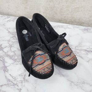 Minnetonka El Paso II Suede MOC Black Moccasins Aztec Patten Women's 7.5
